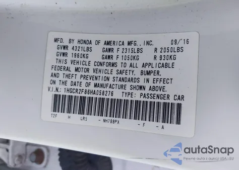 2017 Honda Accord Ex-L z USA, uszkodzony, nr VIN 1HGCR2F86HA058276